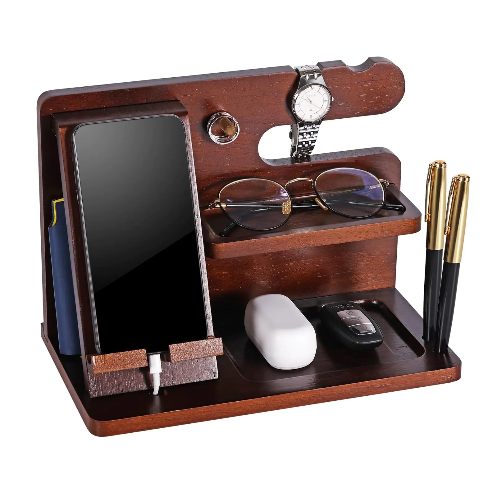 GOFULLHOME Wood Phone Docking Station Nightstand Organizer for Men Multi-Functional Wooden Phone Holder for Desk with Phone Slot Gifts for Dad Husband Brother Boyfriend Son